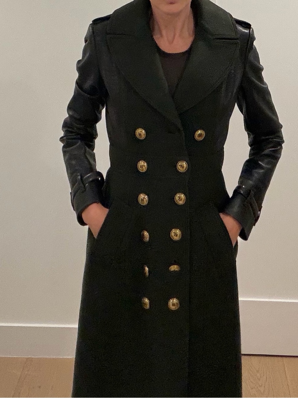 Burberry Prorsum Double-Breasted Wool & Leather Trench Coat in Dark Green - Picture 2 of 9